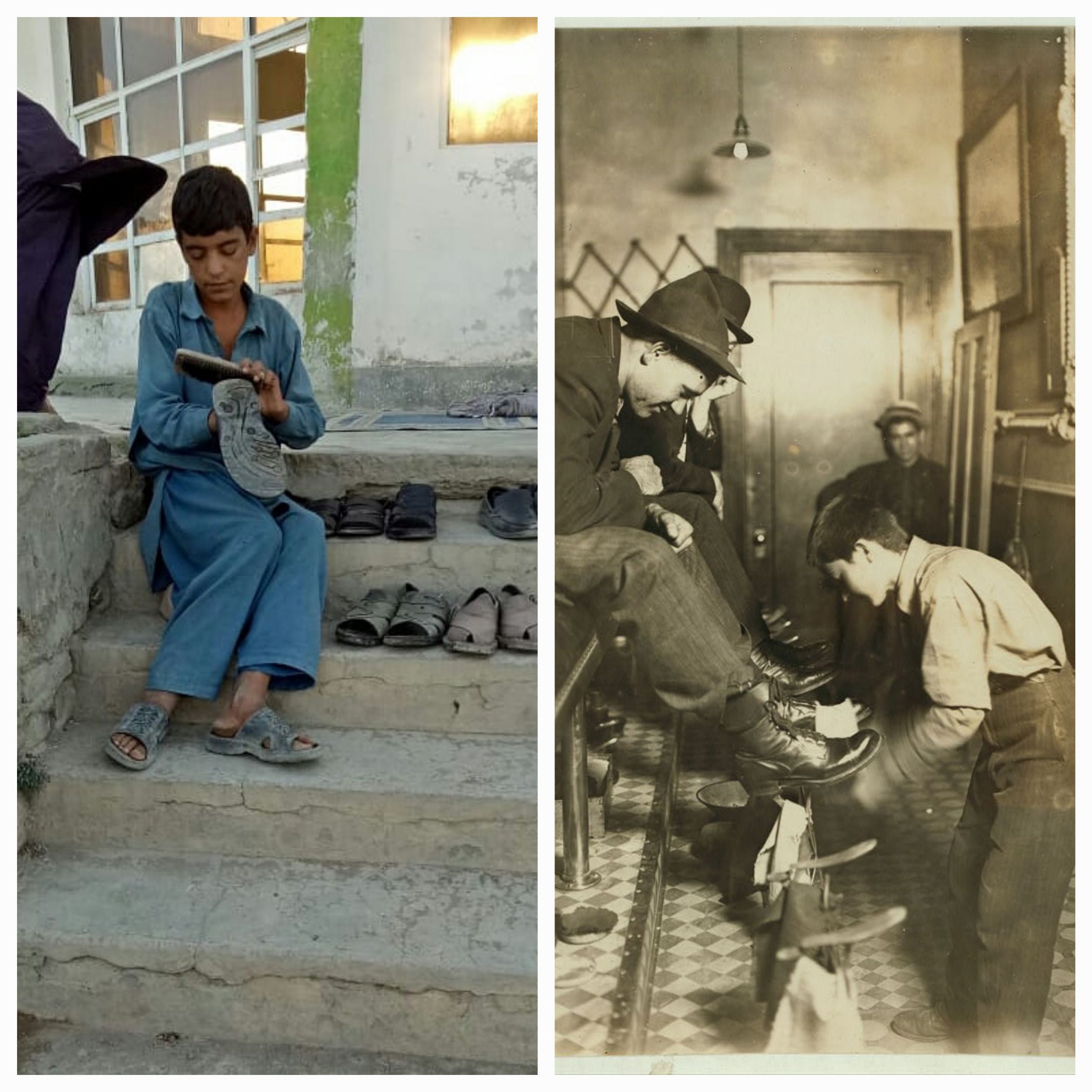 (from left) Detail: “Shoe shine boy in front of mosque, Quetta, Pakistan” by Habbat Shah and Detail: “Shoe shine parlor, NYC” by Lewis Wickes Hine