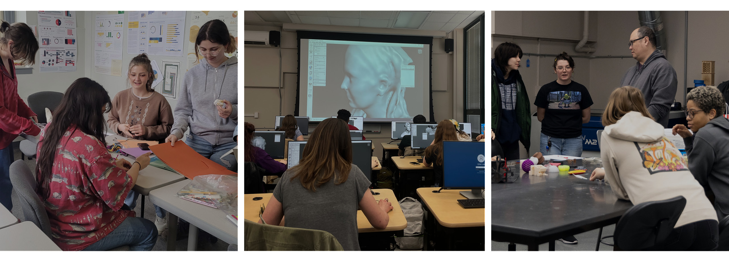 a collage of three images of students at various workshops, at computers, talking with faculty, and working with papers