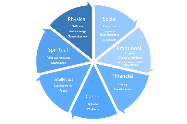 Physical - Self-care Positive Image Sense of safety. Social - Interaction Rights & Responsibilities Leadership. Emotional - Empathy Coping & resillience Moving toward self- actualization. Financial - Literacy Self-discipline. Career - Selection Work ethic. Intellectual - Learning styles Focus. Spiritual - Religious resources Mindfulness. 