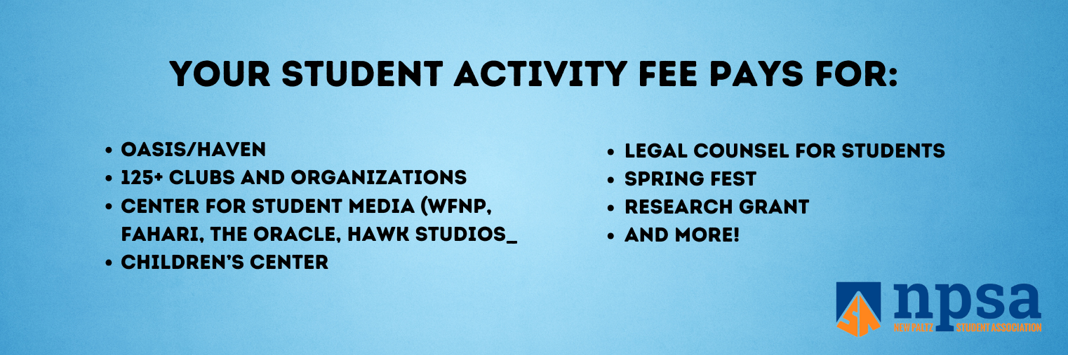 Your Student Activity Fee pays for:Oasis/HAVEN 125+ cLUBS AND oRGANIZATIONS cENTER FOR sTUDENT mEDIA (wfnp, fAHARI, tHE orACLE, hAWK sTUDIOs_ cHILDREN’S cENTER lEGAL cOUNSEL FOR sTUDENTS sPRING fEST rESEARCH gRANT aND mORE!